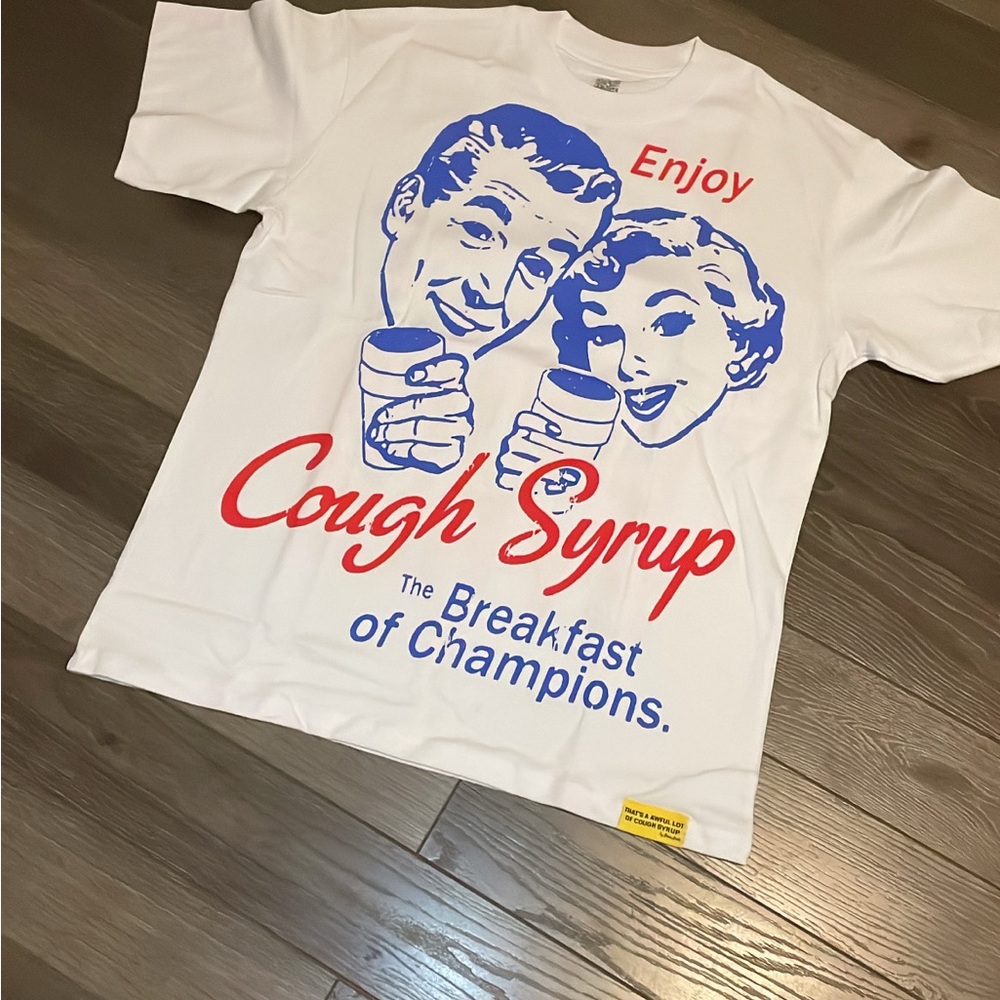 Awful lot of cough syrup White Tee with Blue and Red Graphic